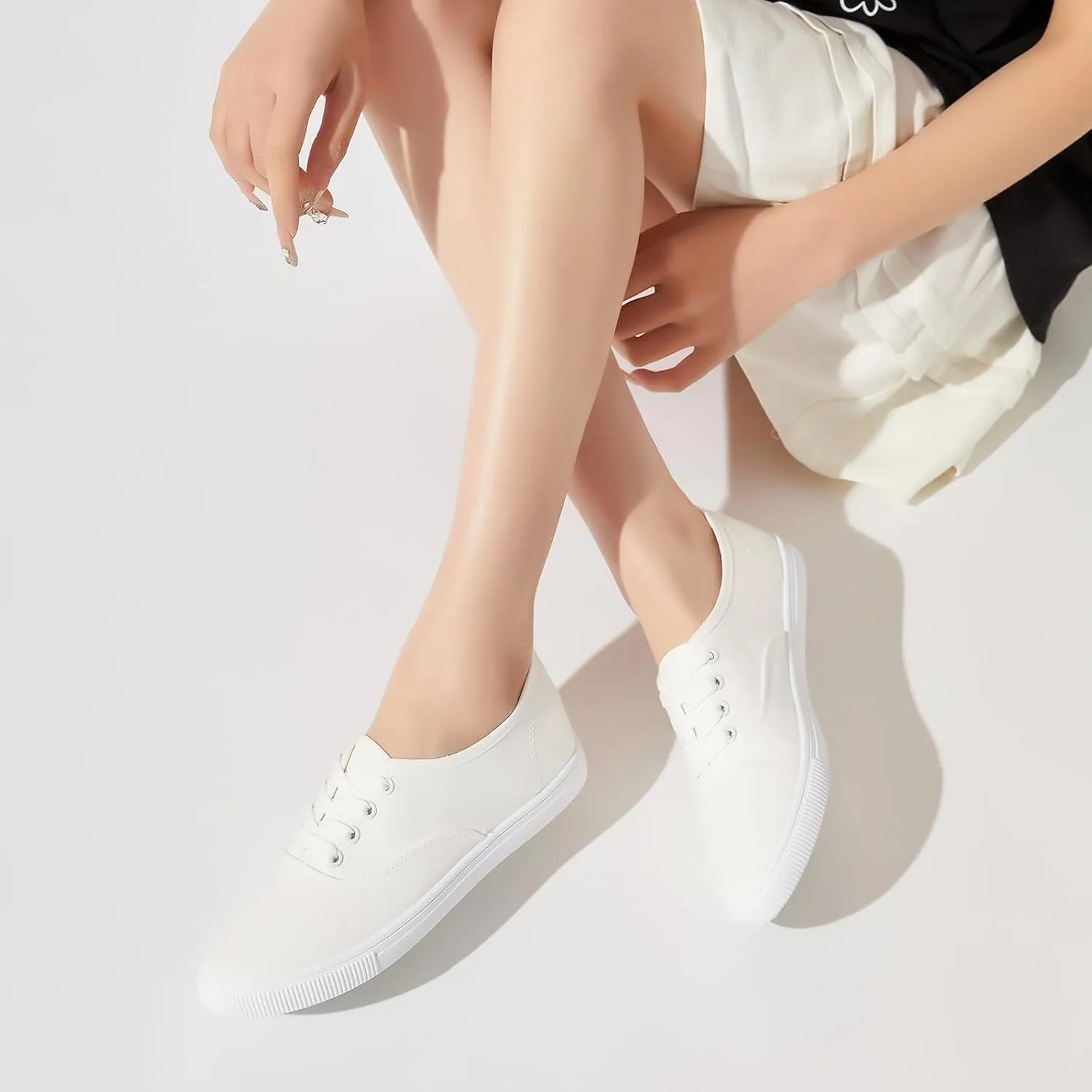 Womens Classic White Sneakers,Low Top White Canvas Shoes,Lightweight Casual Canvas Sneakers