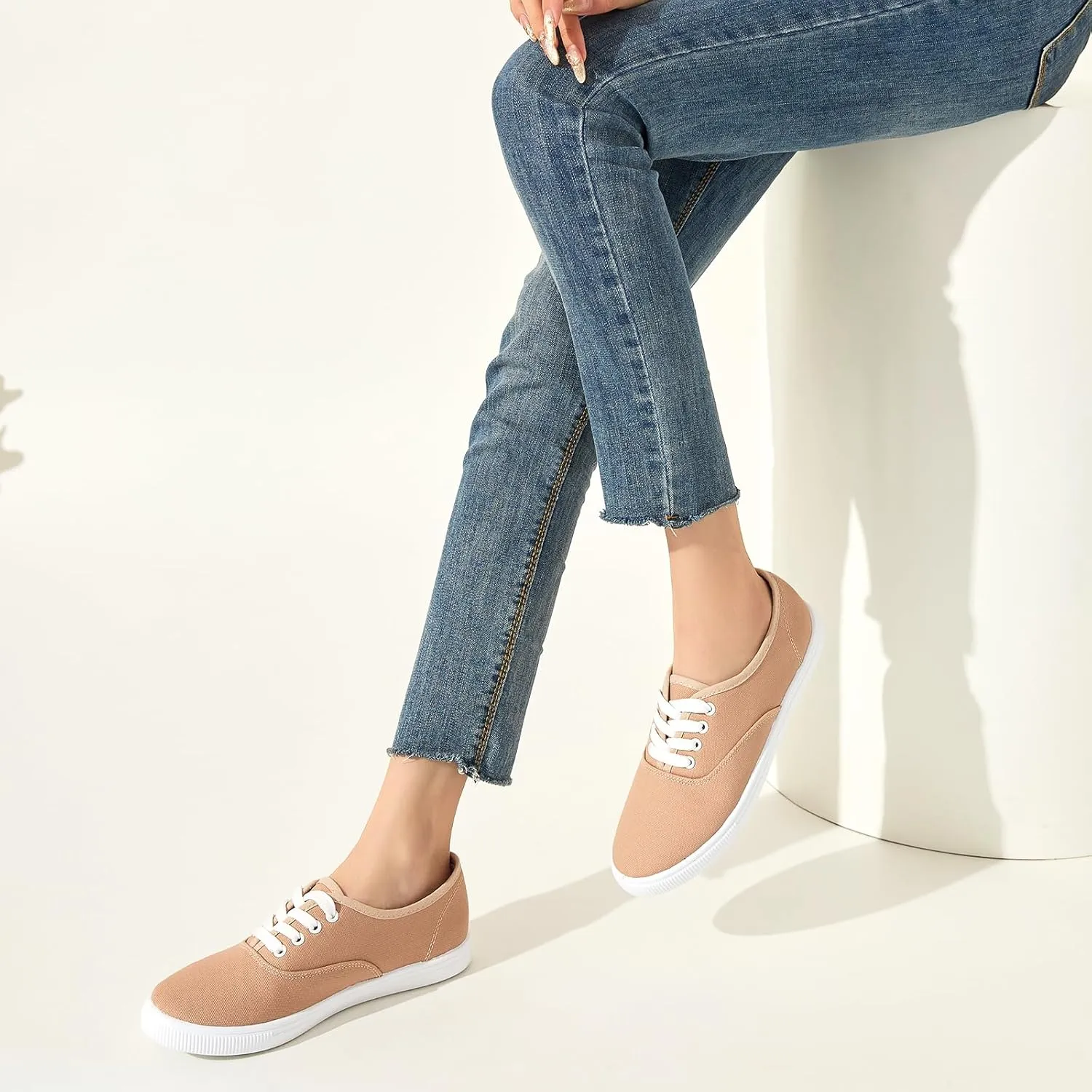 Womens Classic White Sneakers,Low Top White Canvas Shoes,Lightweight Casual Canvas Sneakers