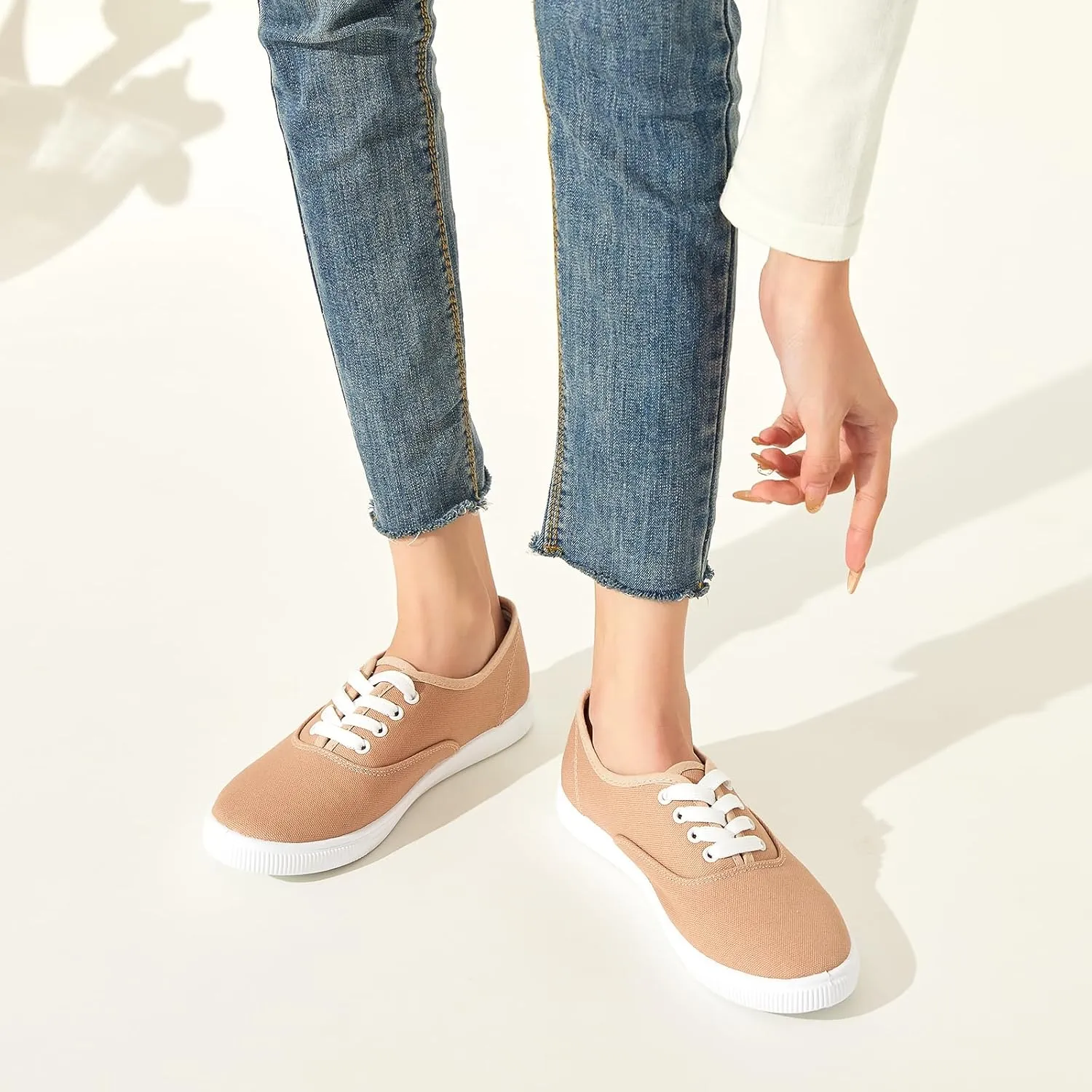 Womens Classic White Sneakers,Low Top White Canvas Shoes,Lightweight Casual Canvas Sneakers