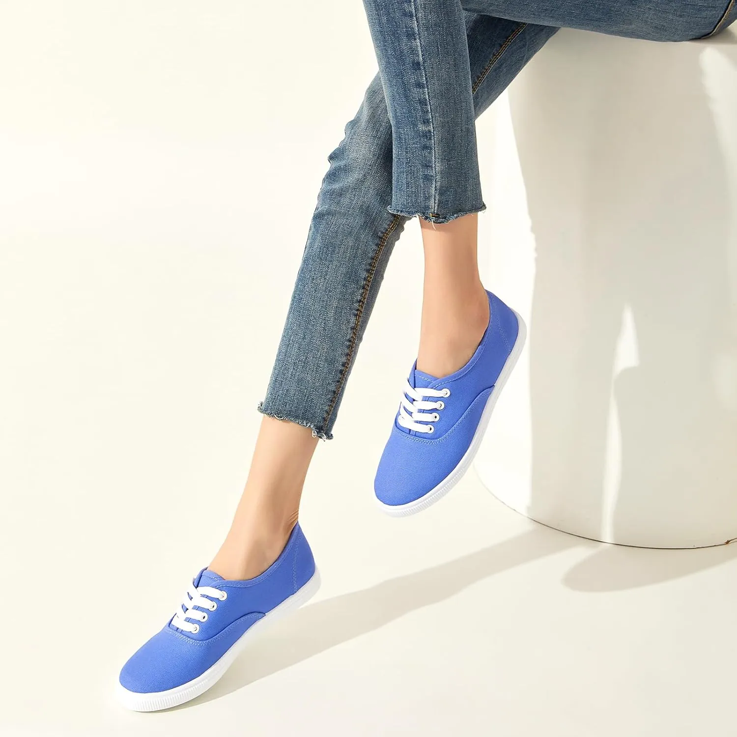 Womens Classic White Sneakers,Low Top White Canvas Shoes,Lightweight Casual Canvas Sneakers
