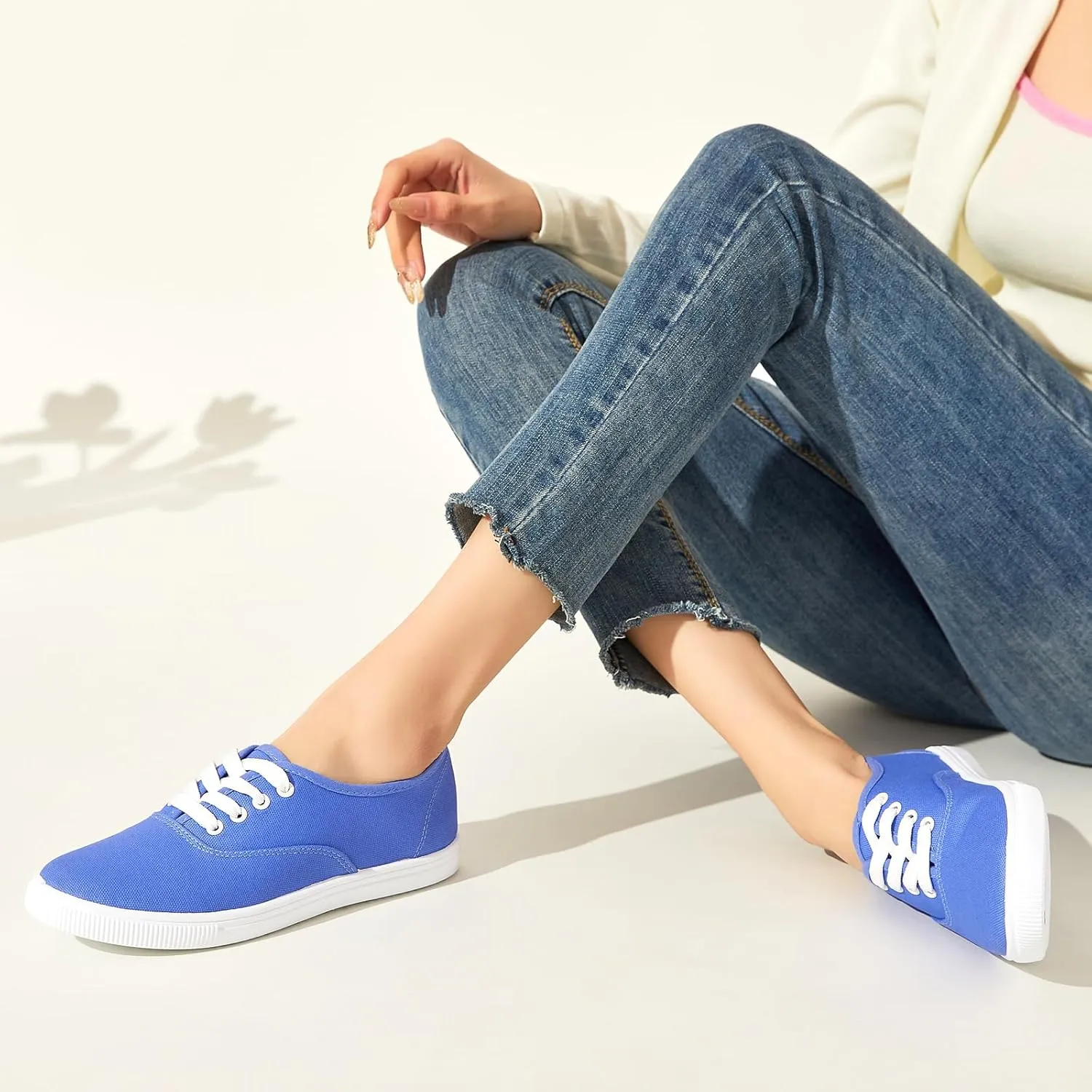 Womens Classic White Sneakers,Low Top White Canvas Shoes,Lightweight Casual Canvas Sneakers
