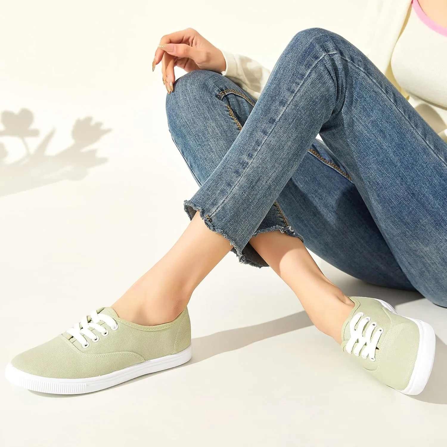 Womens Classic White Sneakers,Low Top White Canvas Shoes,Lightweight Casual Canvas Sneakers