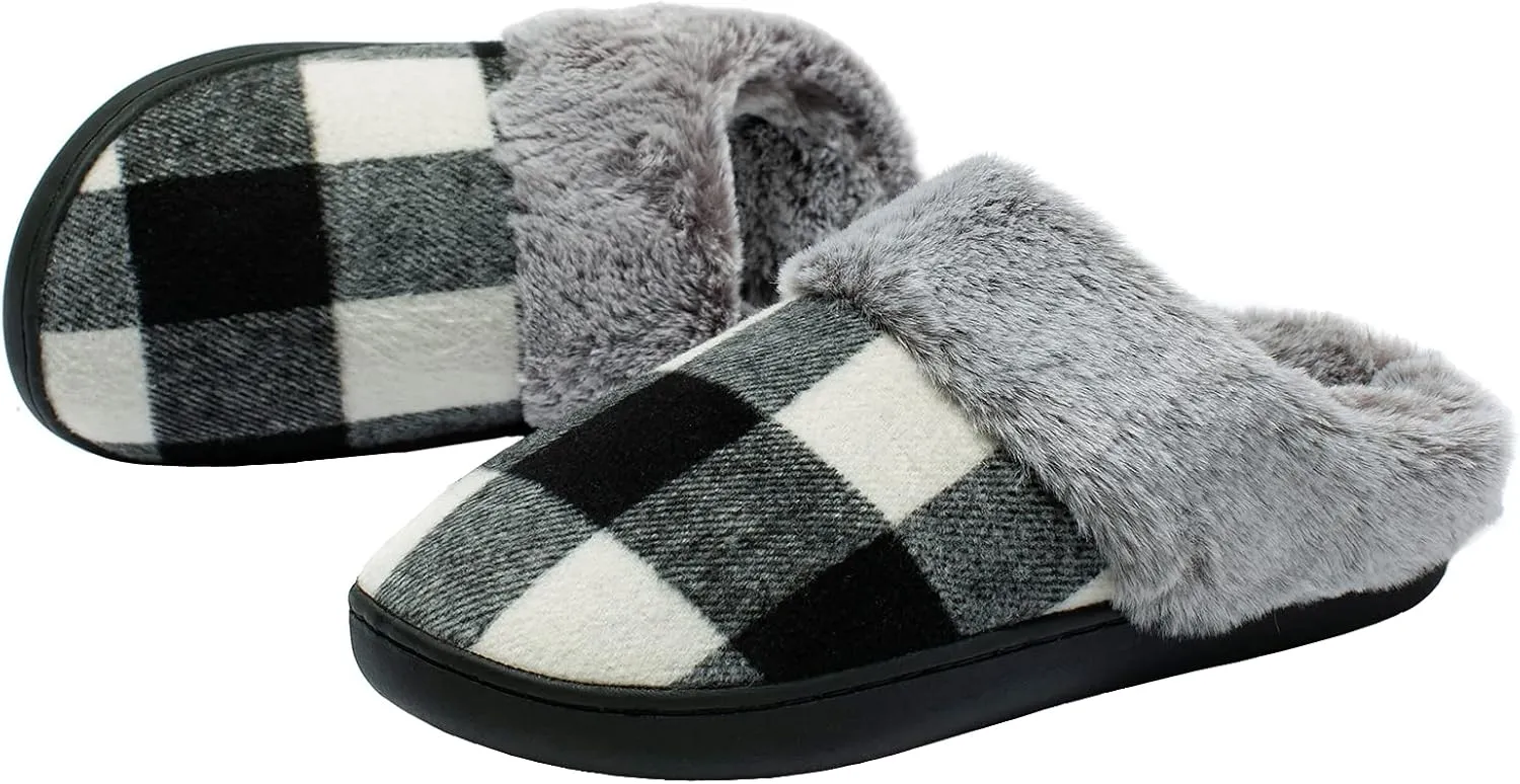 Womens Cozy Fuzzy Plaid House Slippers Memory Foam Slip on Indoor Outdoor