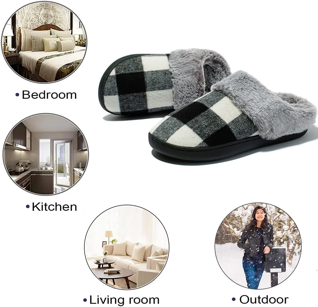 Womens Cozy Fuzzy Plaid House Slippers Memory Foam Slip on Indoor Outdoor