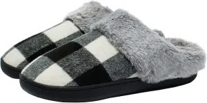 Womens Cozy Fuzzy Plaid House Slippers Memory Foam Slip on Indoor Outdoor