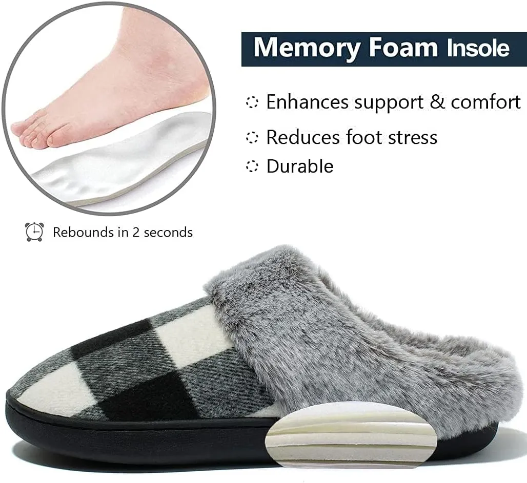 Womens Cozy Fuzzy Plaid House Slippers Memory Foam Slip on Indoor Outdoor