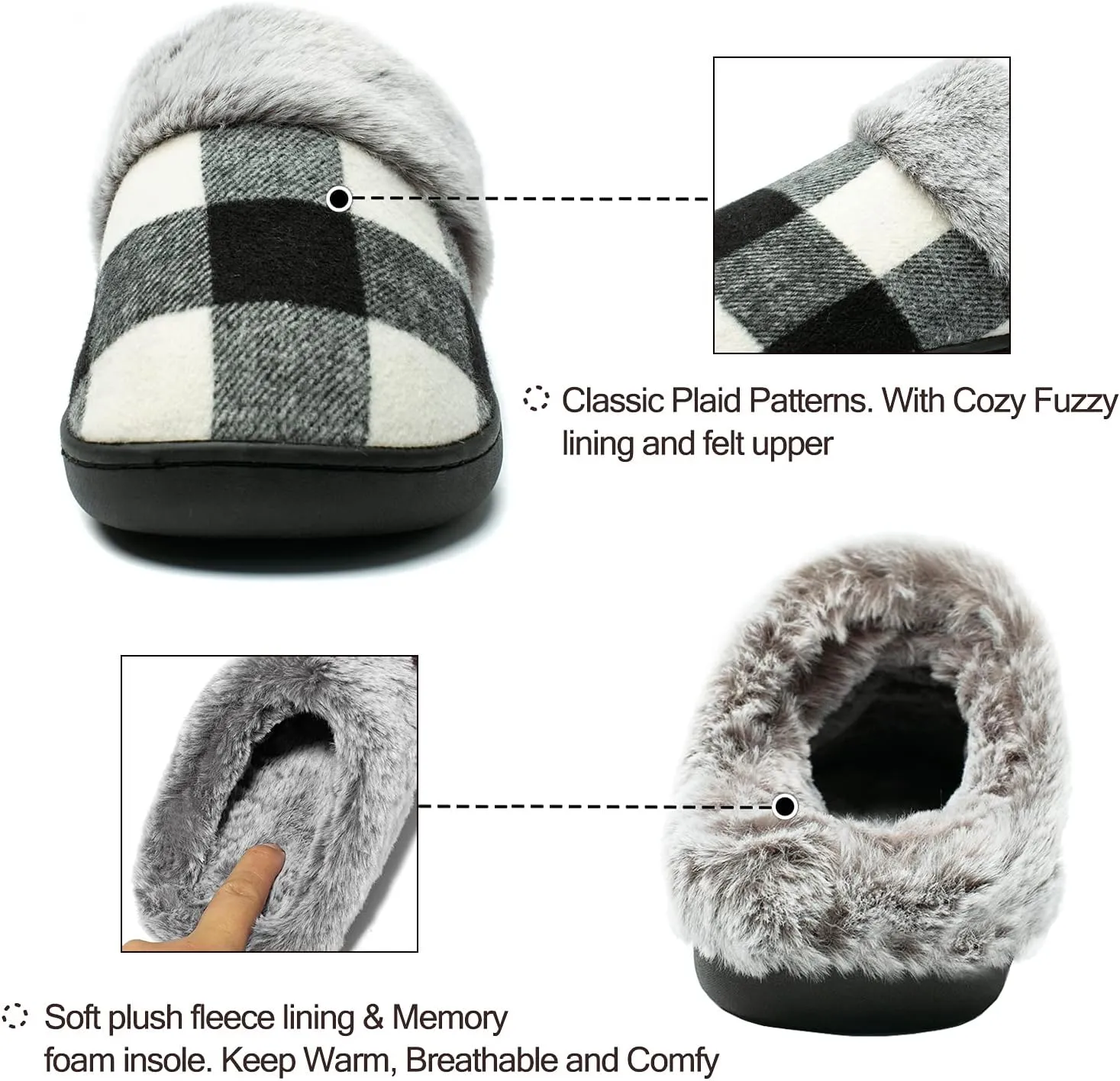 Womens Cozy Fuzzy Plaid House Slippers Memory Foam Slip on Indoor Outdoor