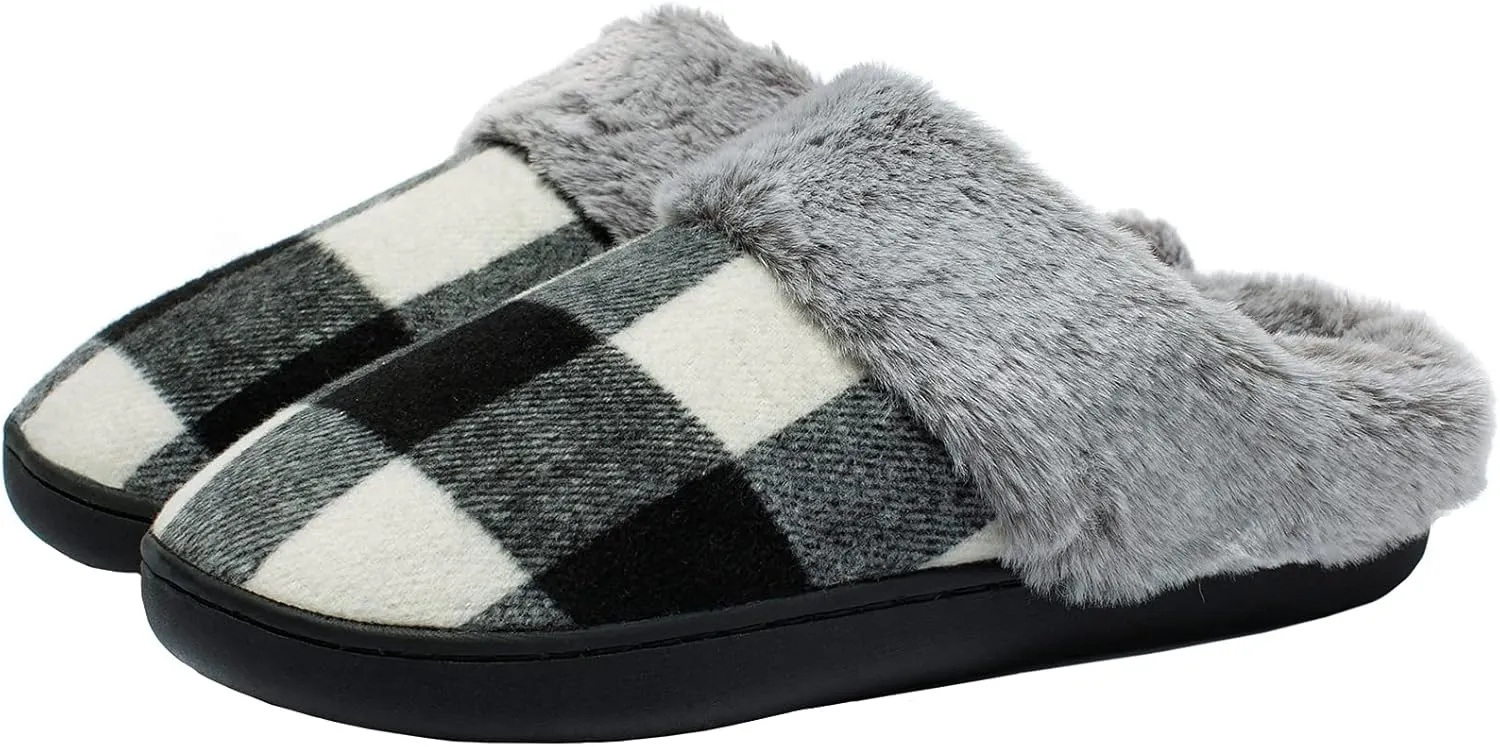 Womens Cozy Fuzzy Plaid House Slippers Memory Foam Slip on Indoor Outdoor