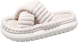 Women's Cross Strap Platform Slippers Double Straps Slip On Plush Bedroom Slippers Open Toe Memory Foam Shoes