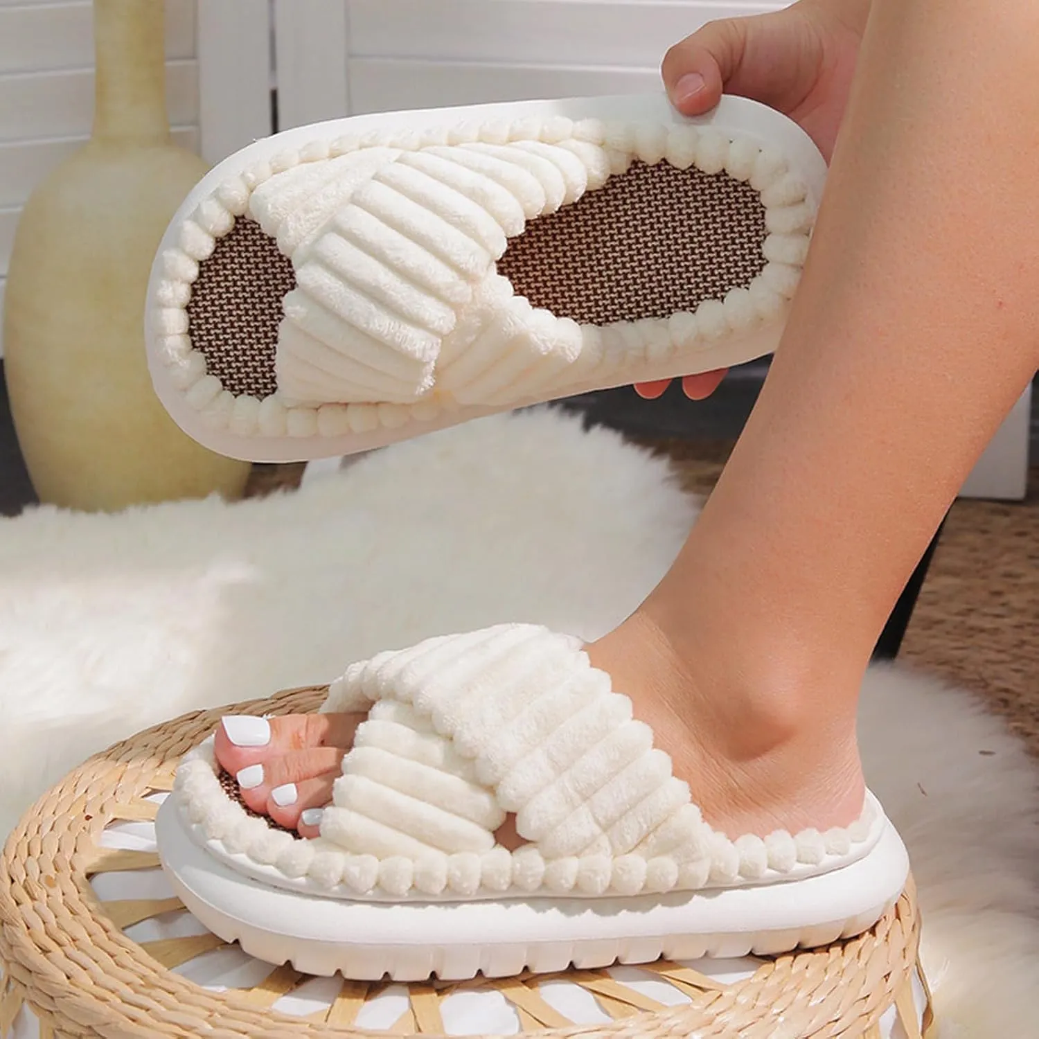 Women's Cross Strap Platform Slippers Double Straps Slip On Plush Bedroom Slippers Open Toe Memory Foam Shoes