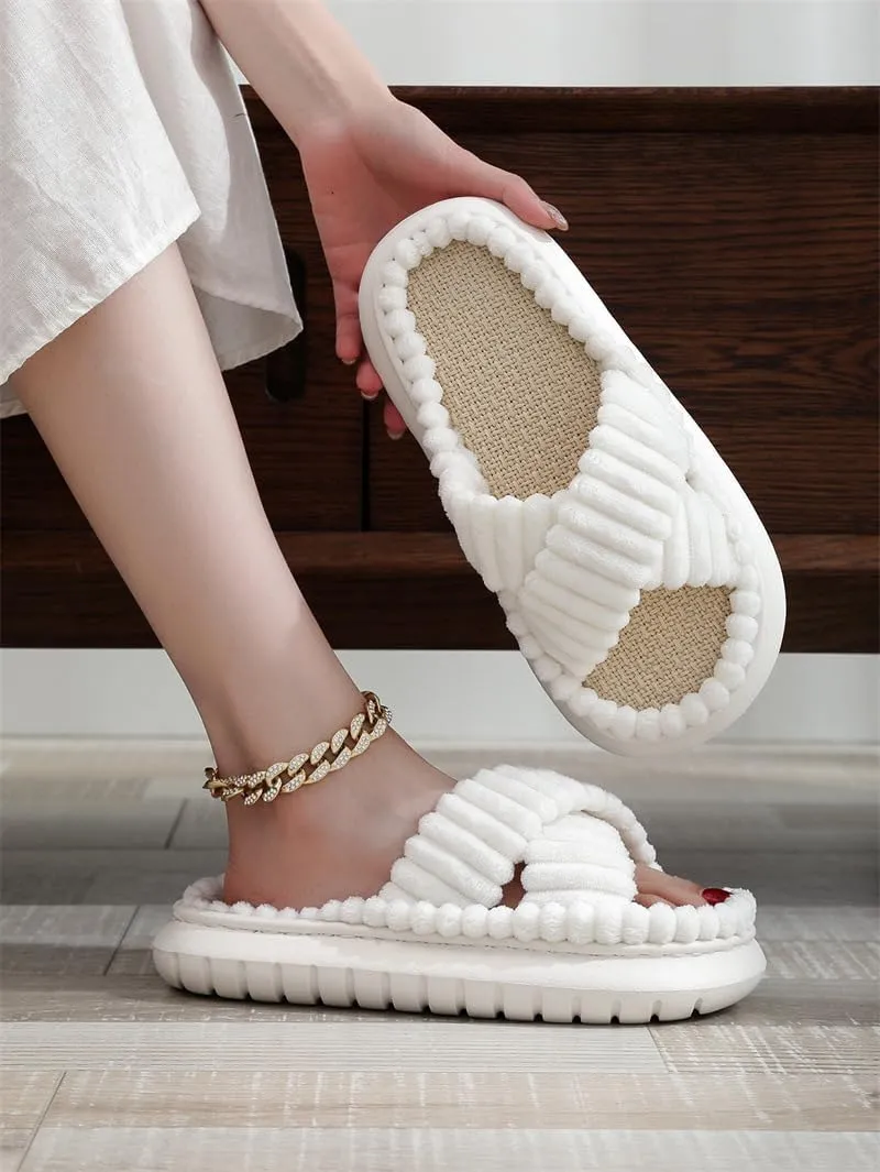 Women's Cross Strap Platform Slippers Double Straps Slip On Plush Bedroom Slippers Open Toe Memory Foam Shoes