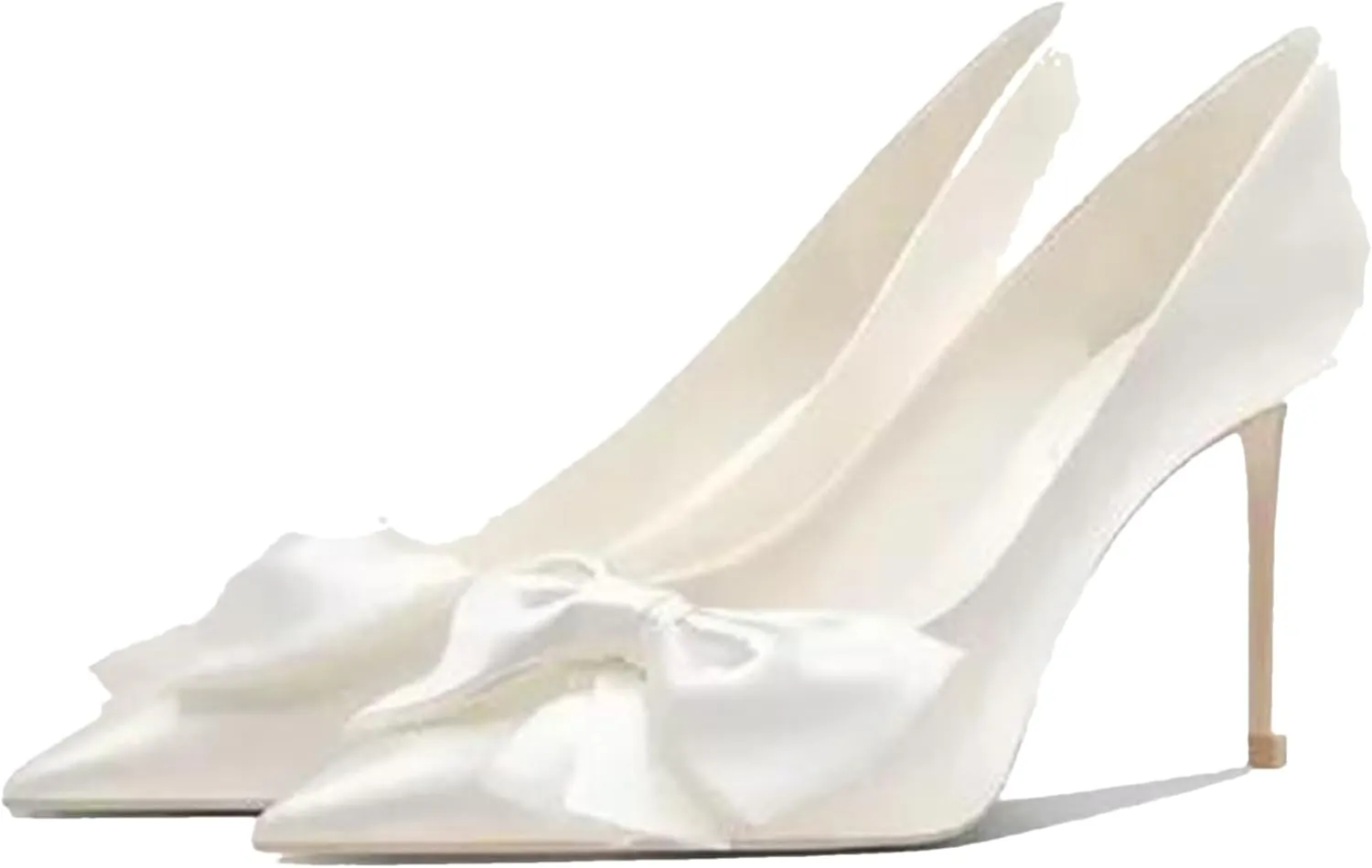 Women's Elegant Satin Bow Tie Closed Toe White Heels Comfortable Formal Dress Stiletto High Heels Pumps Wedding Shoes