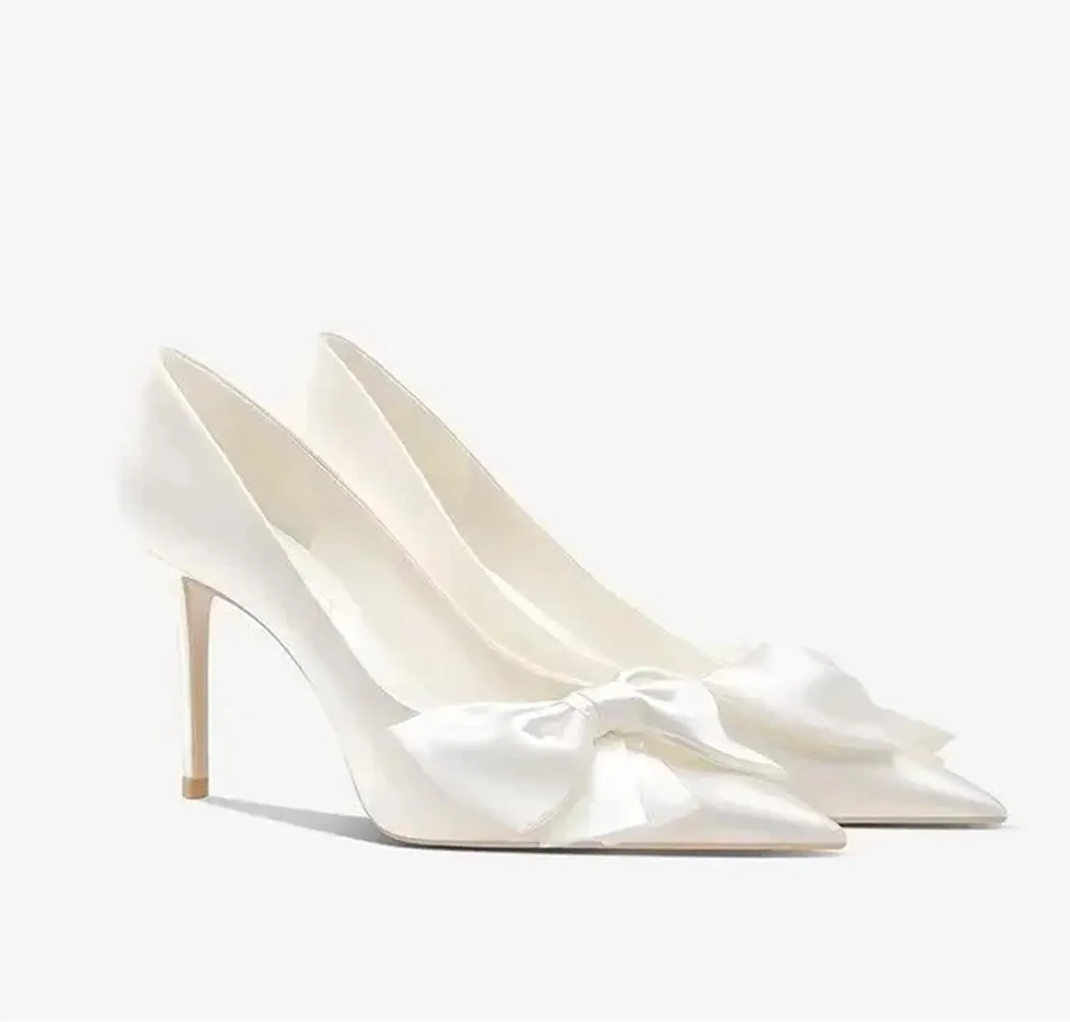 Women's Elegant Satin Bow Tie Closed Toe White Heels Comfortable Formal Dress Stiletto High Heels Pumps Wedding Shoes