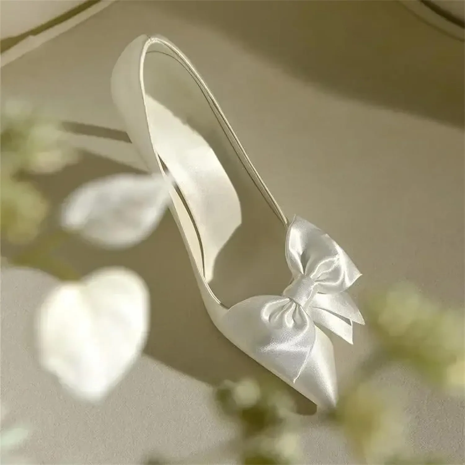 Women's Elegant Satin Bow Tie Closed Toe White Heels Comfortable Formal Dress Stiletto High Heels Pumps Wedding Shoes