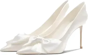 Women's Elegant Satin Bow Tie Closed Toe White Heels Comfortable Formal Dress Stiletto High Heels Pumps Wedding Shoes