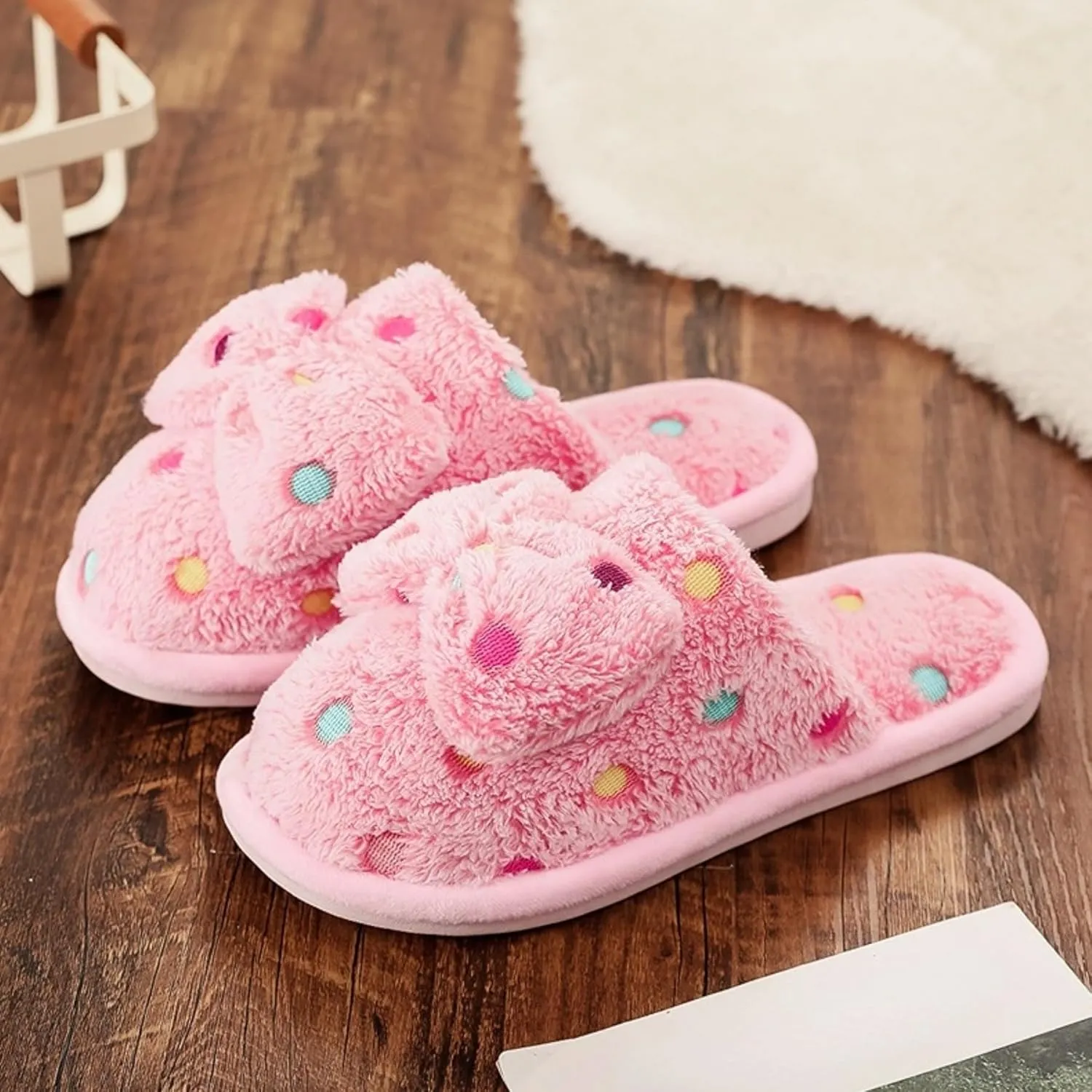 Women's Fleece Bow House Slippers Indoor Soft Comfy Cozy Plush Slip On Slippers with Bows Cute Winter Warm Bow Tie Fuzzy Bedroom Slippers Shoes Lightweight Non Slip