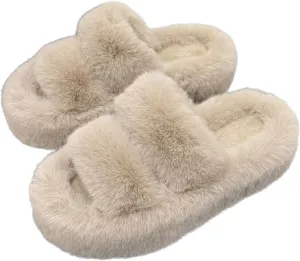Women's Fluffy Fuzzy Slippers Cozy Comfy Memory Foam Open Toe House Slippers Faux Fur Soft Plush Two Band Slides Anti-Skid Indoor Outdoor Home Bedroom for Women