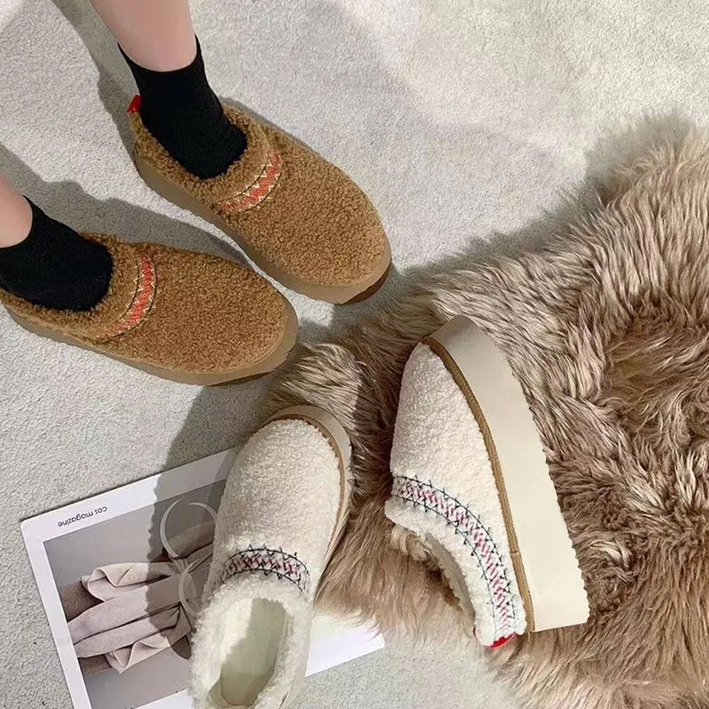Women's Fuzzy Platform Slippers Boots Braid Slippers with Plush Fleece Lining Comfy Soft Non-Slip House Shoes for Indoor and Outdoor