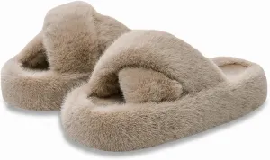 Women's Fuzzy Slippers Cross Band Memory Foam Fuzzy House Slippers Indoor and Outdoor Open Toe Anti-Skid Arch Support