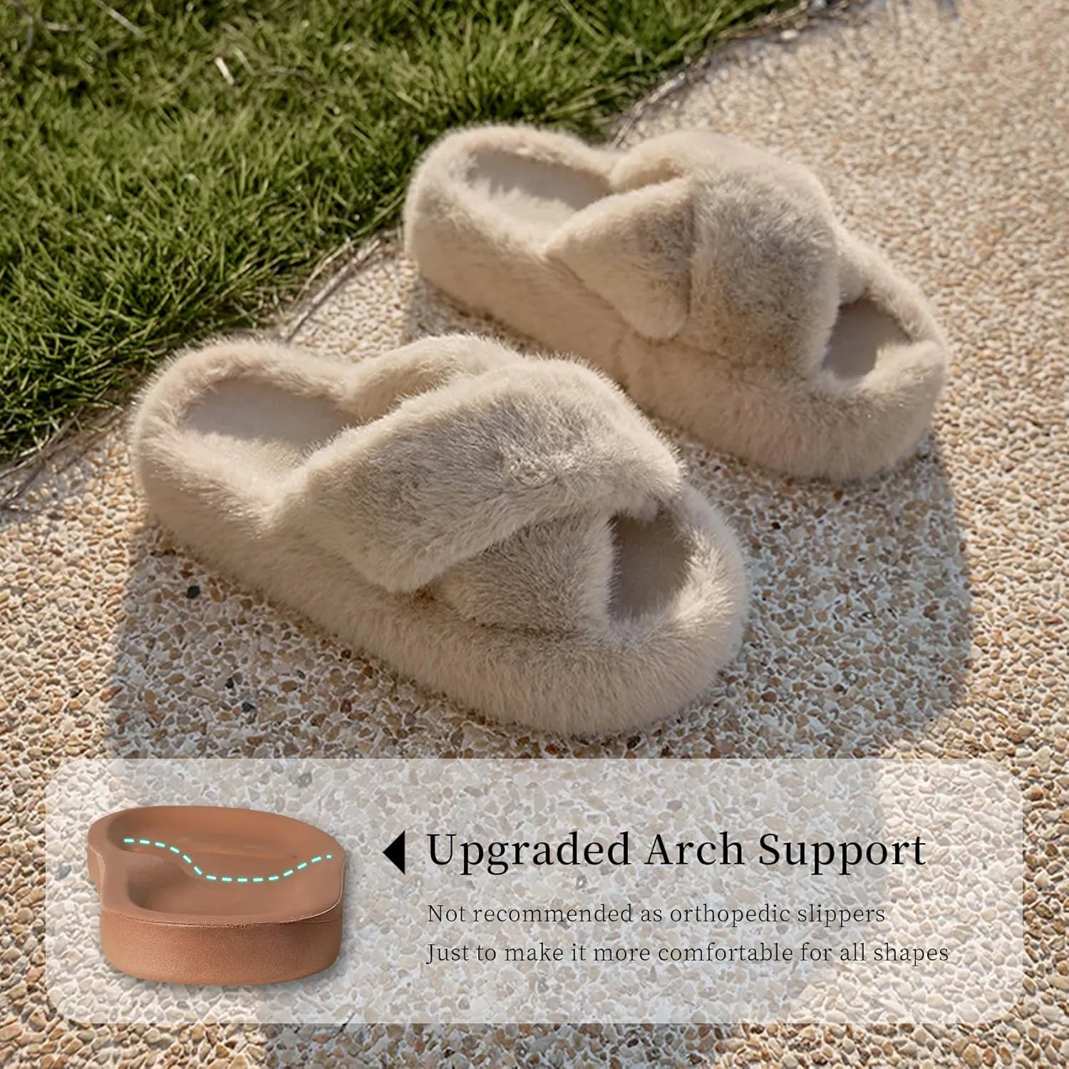 Women's Fuzzy Slippers Cross Band Memory Foam Fuzzy House Slippers Indoor and Outdoor Open Toe Anti-Skid Arch Support