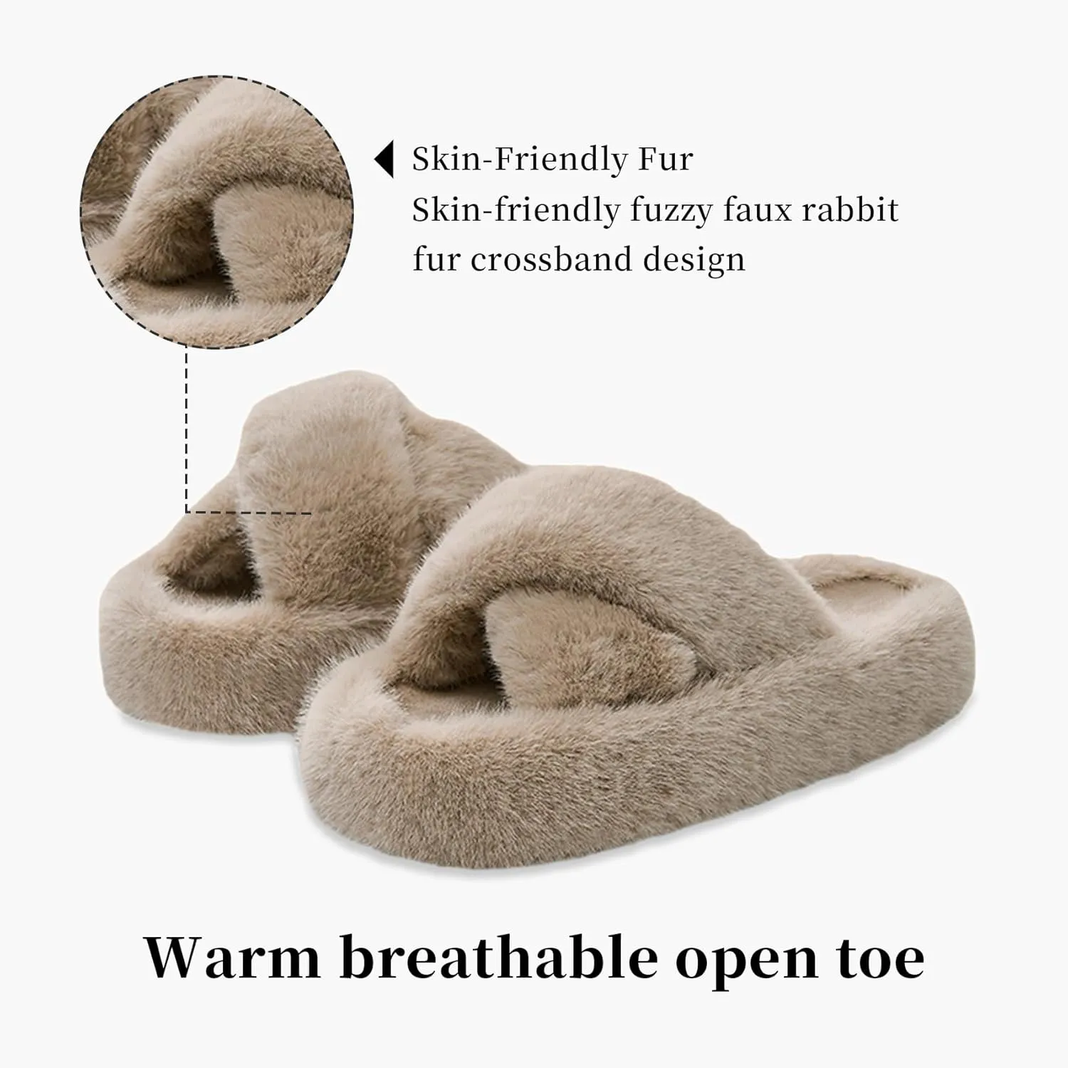 Women's Fuzzy Slippers Cross Band Memory Foam Fuzzy House Slippers Indoor and Outdoor Open Toe Anti-Skid Arch Support