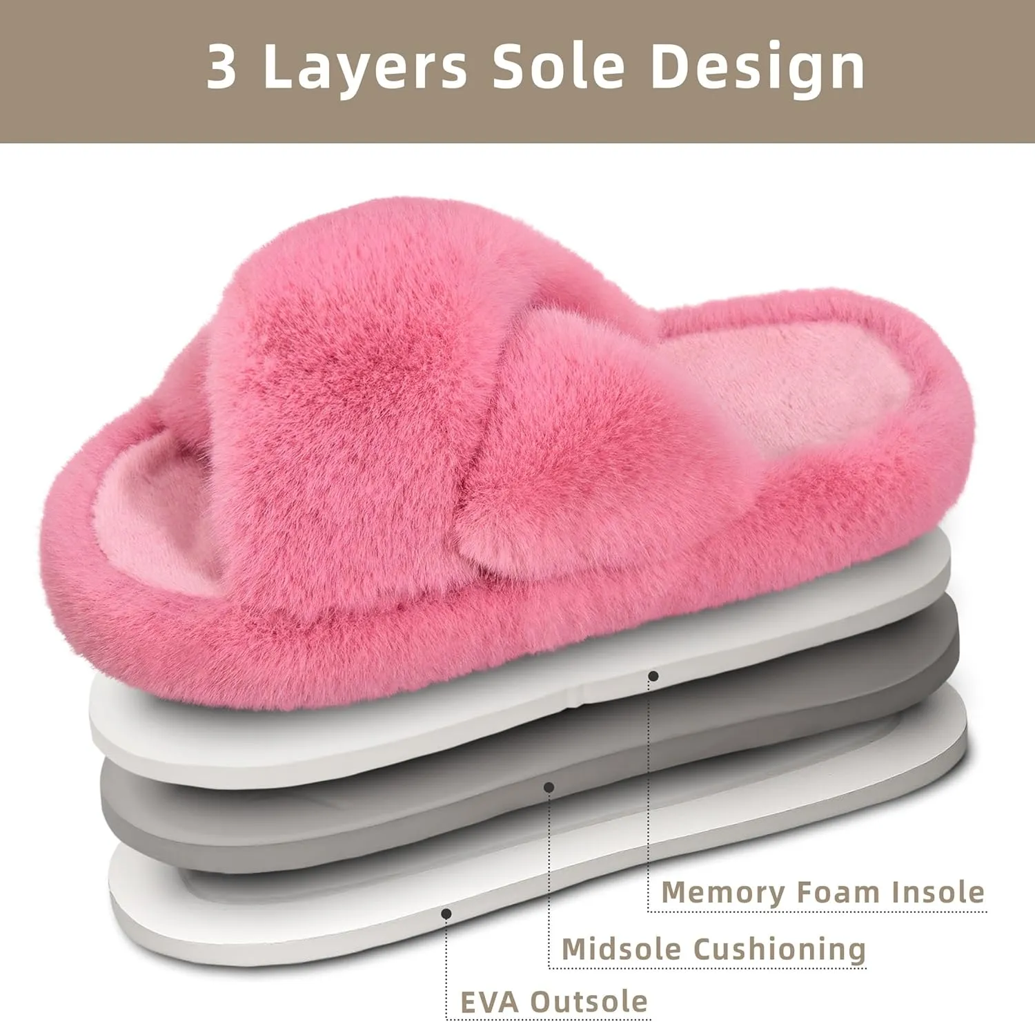 Women's Fuzzy Slippers House Slippers Memory Foam Bedroom Shoes Open Toe, Cross Band