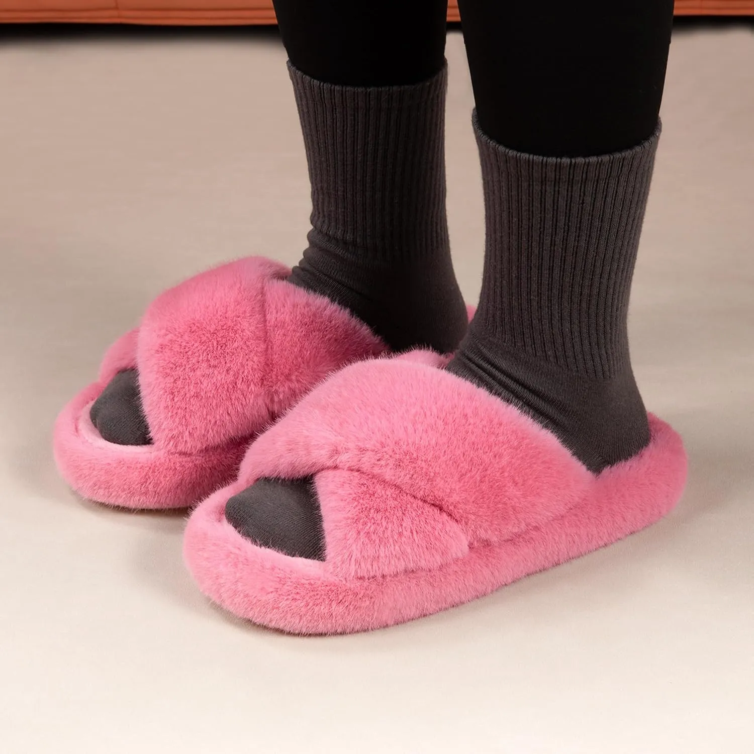 Women's Fuzzy Slippers House Slippers Memory Foam Bedroom Shoes Open Toe, Cross Band