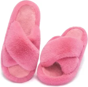 Women's Fuzzy Slippers House Slippers Memory Foam Bedroom Shoes Open Toe, Cross Band