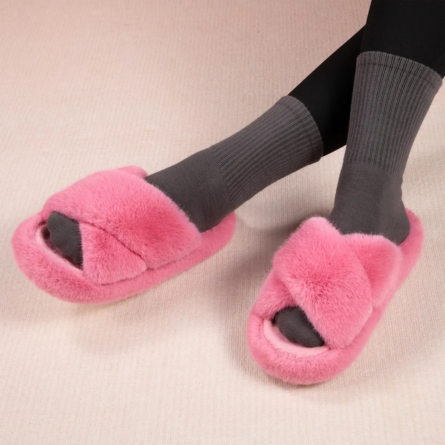 Women's Fuzzy Slippers House Slippers Memory Foam Bedroom Shoes Open Toe, Cross Band