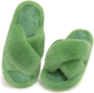 Women's Fuzzy Slippers House Slippers Memory Foam Bedroom Shoes Open Toe, Cross Band