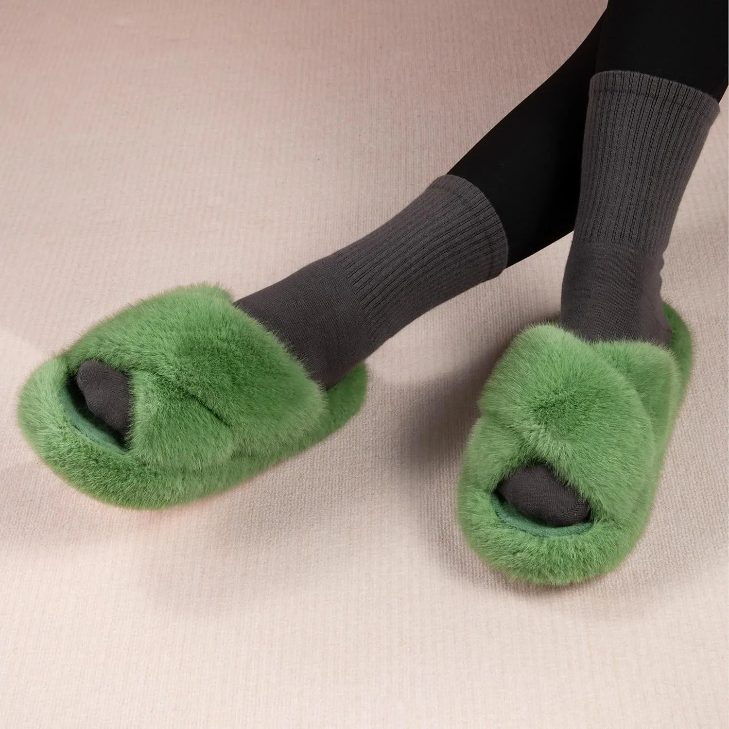 Women's Fuzzy Slippers House Slippers Memory Foam Bedroom Shoes Open Toe, Cross Band