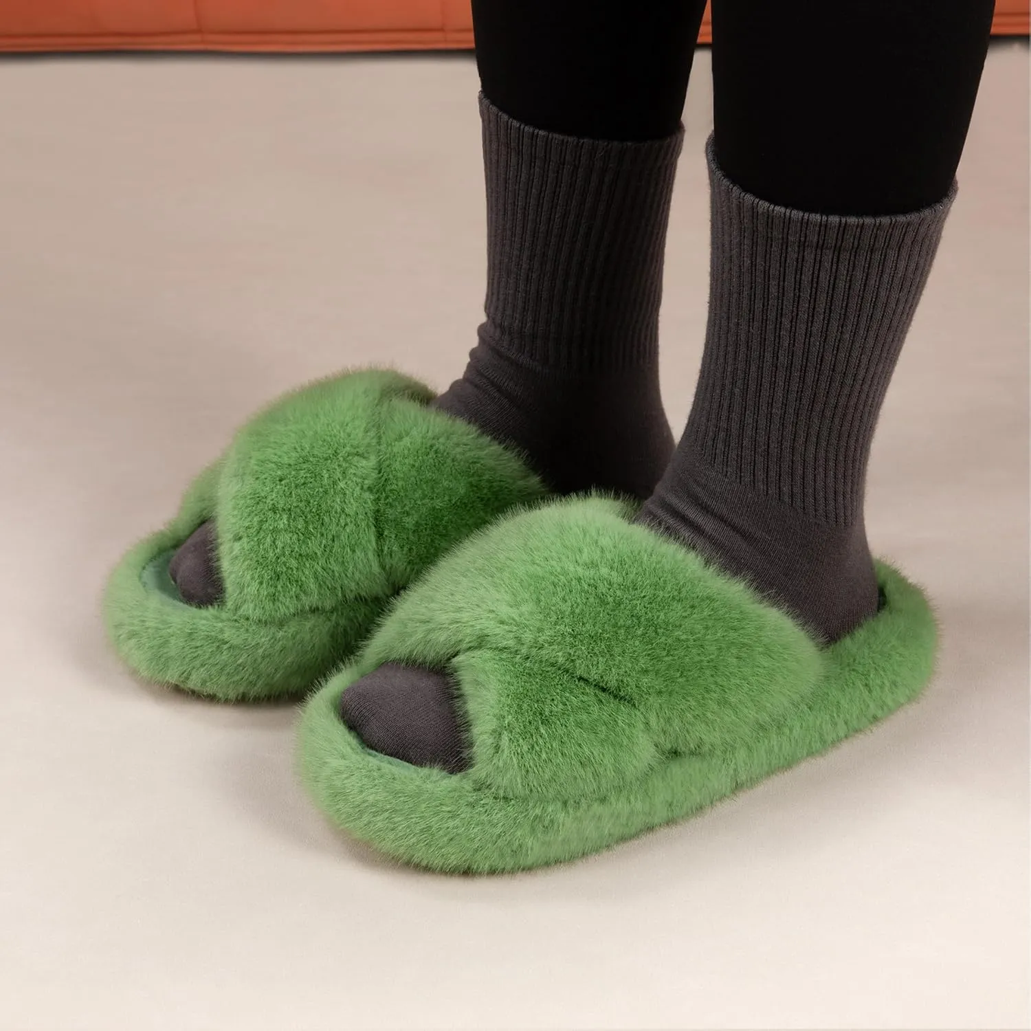 Women's Fuzzy Slippers House Slippers Memory Foam Bedroom Shoes Open Toe, Cross Band