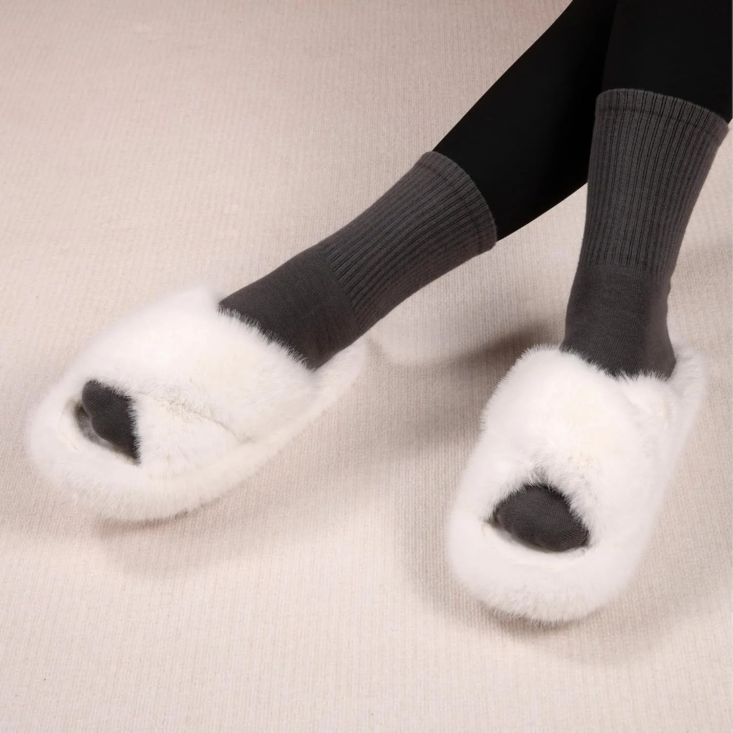 Women's Fuzzy Slippers Open Toe House Slippers Memery Foam Bedroom Slippers Cross Band Slippers for Indoor and Outdoor