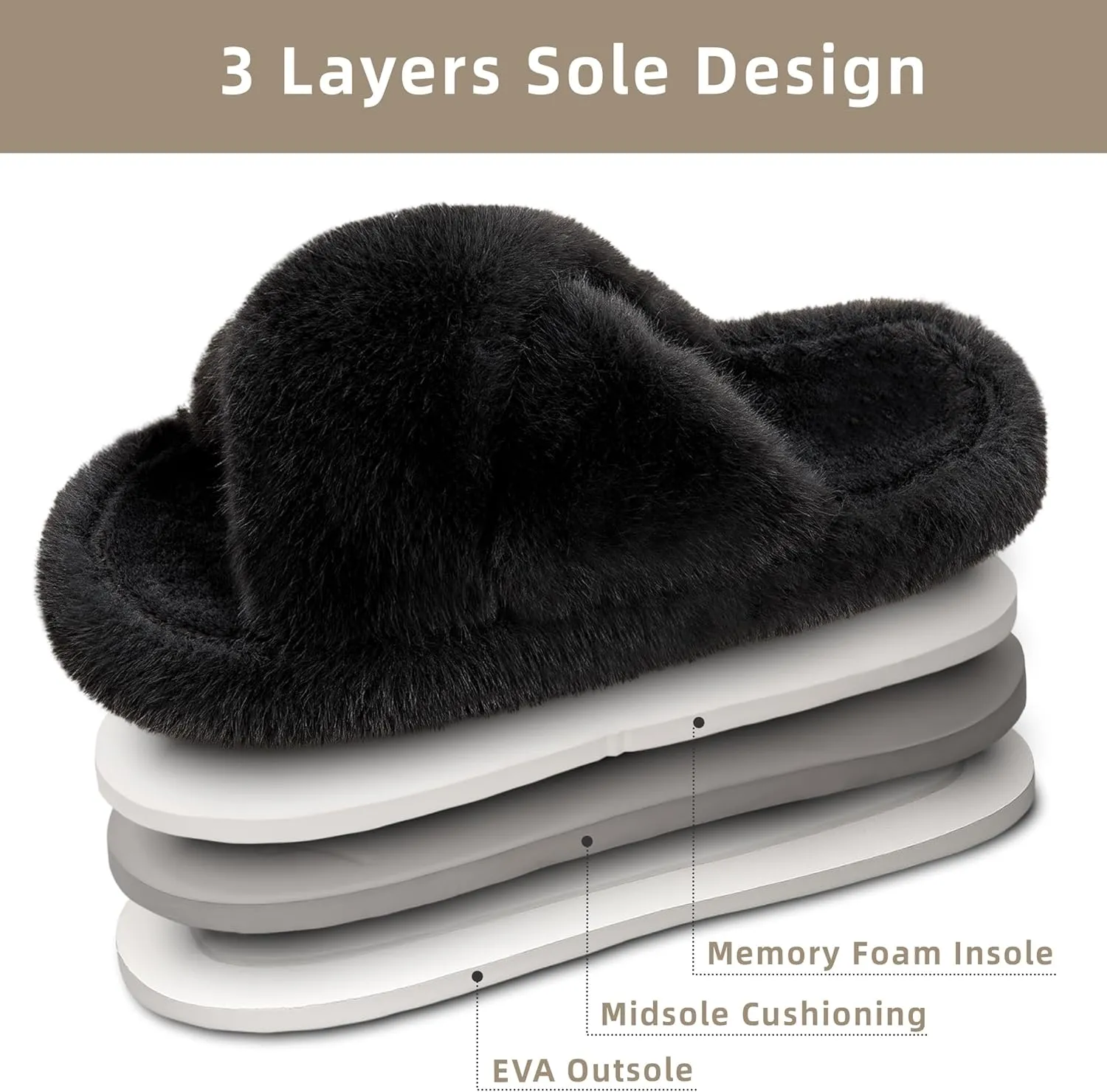 Women's Fuzzy Slippers Open Toe House Slippers Memery Foam Bedroom Slippers Cross Band Slippers for Indoor and Outdoor