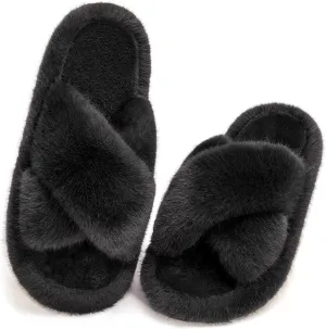 Women's Fuzzy Slippers Open Toe House Slippers Memery Foam Bedroom Slippers Cross Band Slippers for Indoor and Outdoor