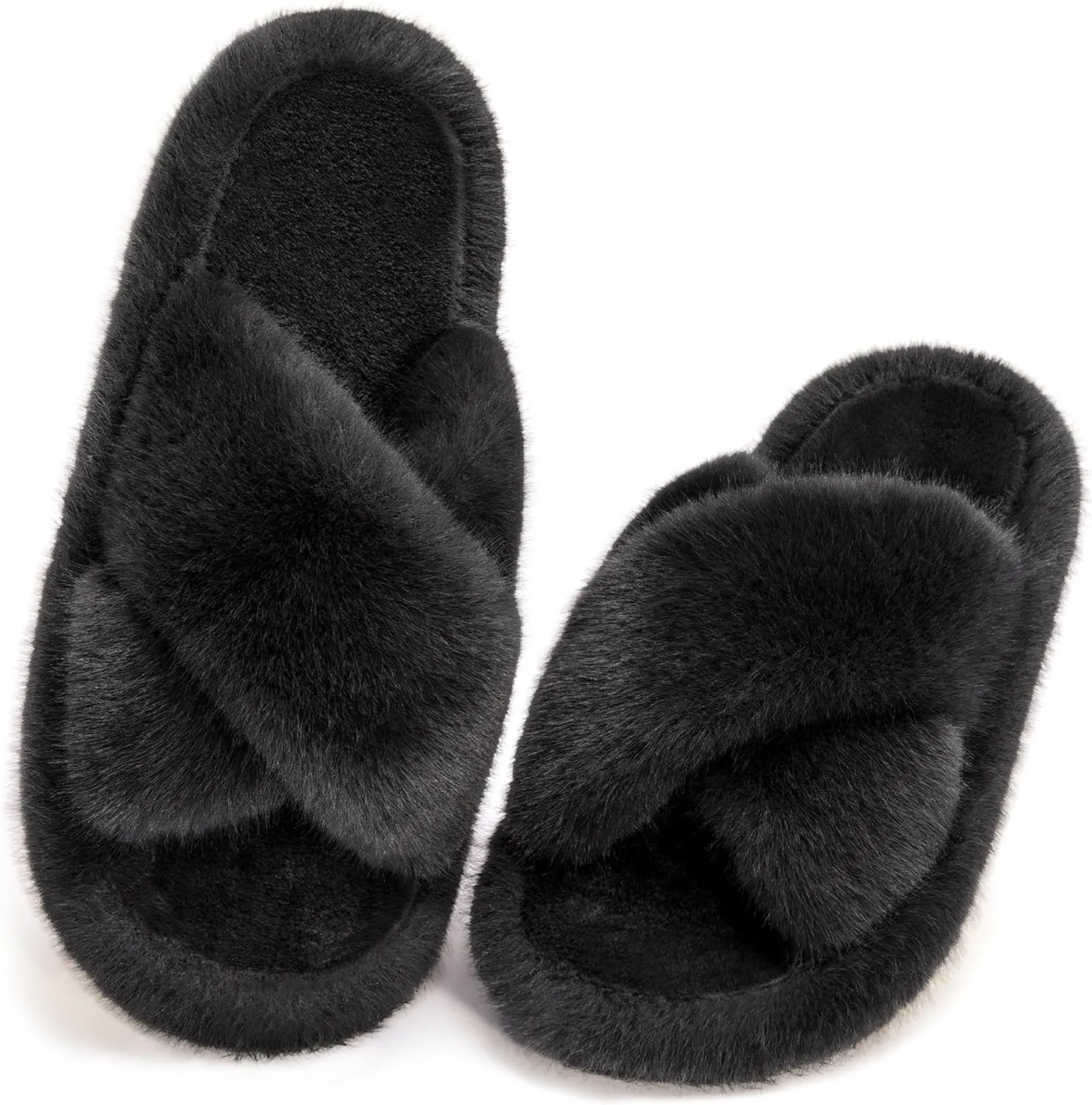 Women's Fuzzy Slippers Open Toe House Slippers Memery Foam Bedroom Slippers Cross Band Slippers for Indoor and Outdoor