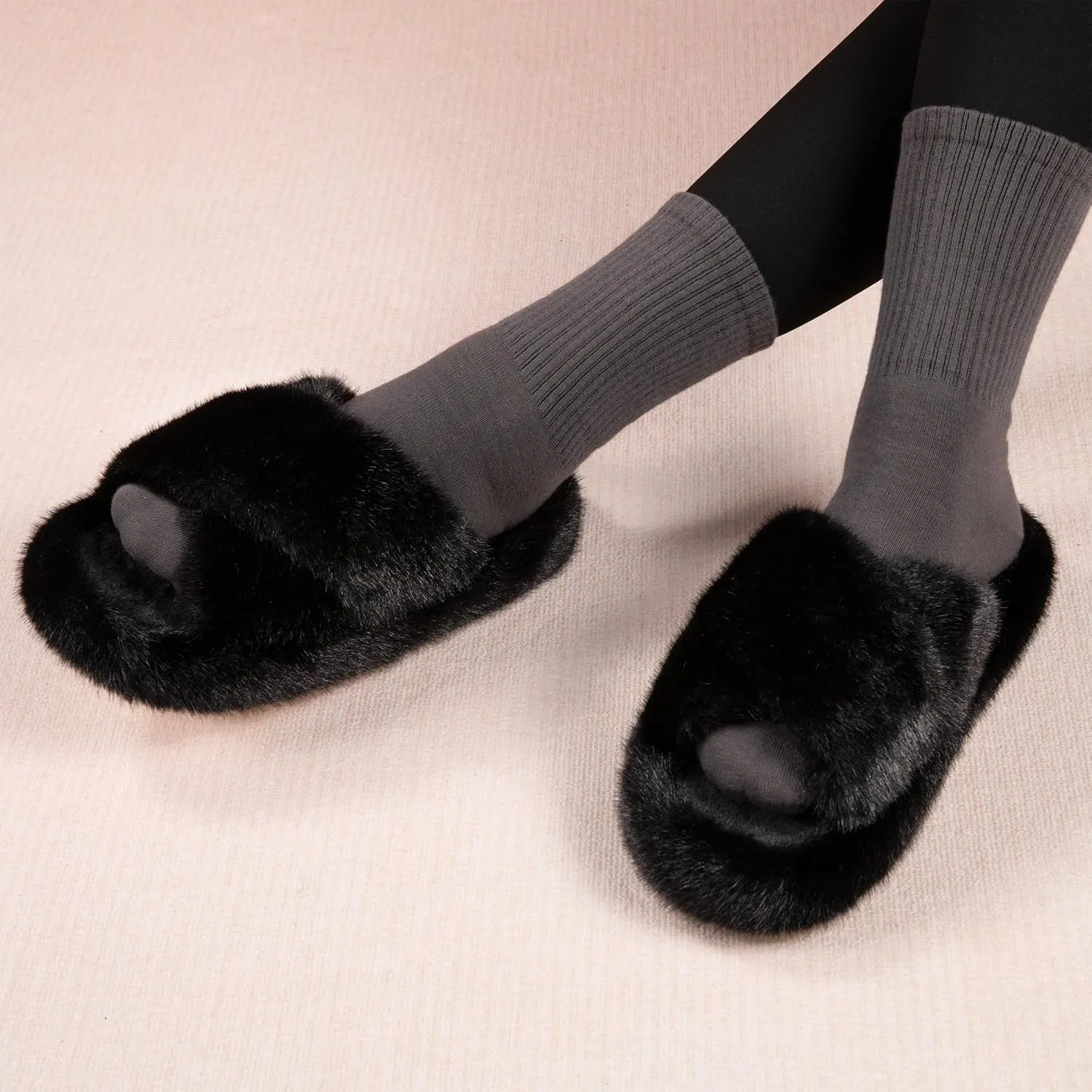 Women's Fuzzy Slippers Open Toe House Slippers Memery Foam Bedroom Slippers Cross Band Slippers for Indoor and Outdoor