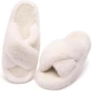 Women's Fuzzy Slippers Open Toe House Slippers Memery Foam Bedroom Slippers Cross Band Slippers for Indoor and Outdoor
