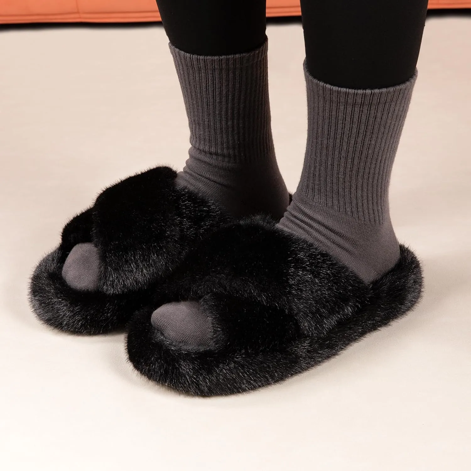 Women's Fuzzy Slippers Open Toe House Slippers Memery Foam Bedroom Slippers Cross Band Slippers for Indoor and Outdoor