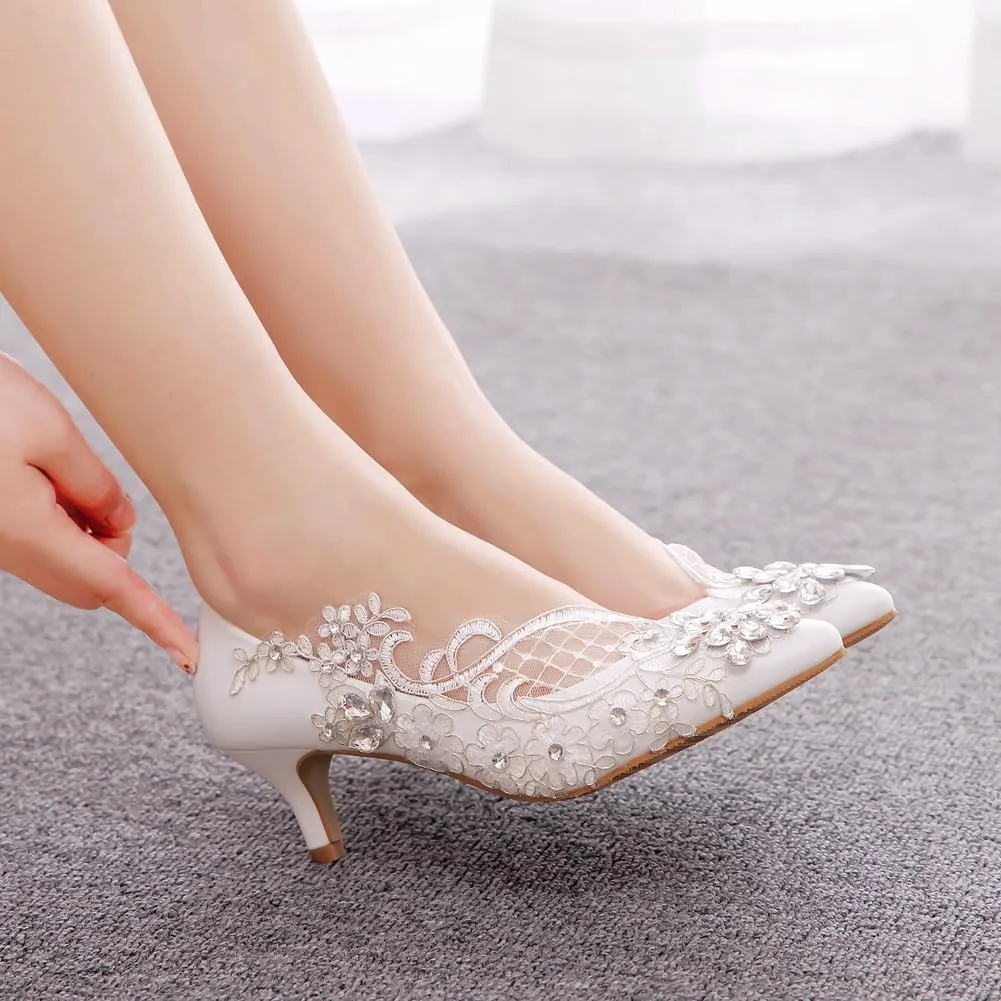 Women's High Heel Pumps Closed Toe with Floral Lace Rhinestones Strap Stiletto Bridal Wedding Party Shoes 5Cm Women Comfortable Low Heel