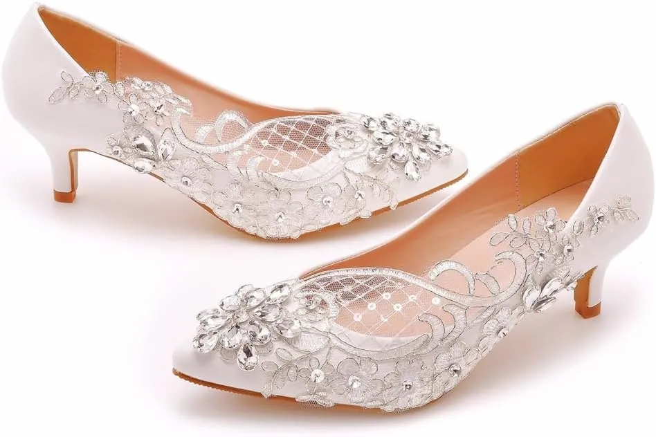 Women's High Heel Pumps Closed Toe with Floral Lace Rhinestones Strap Stiletto Bridal Wedding Party Shoes 5Cm Women Comfortable Low Heel