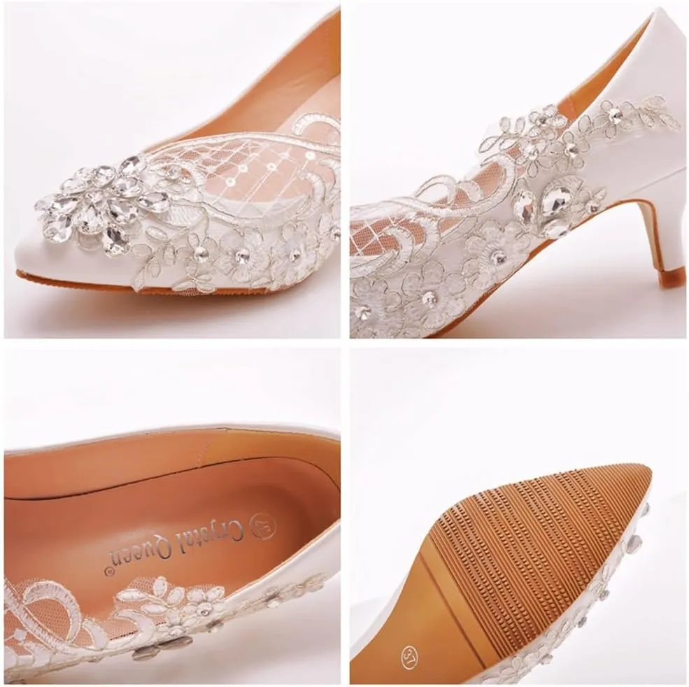 Women's High Heel Pumps Closed Toe with Floral Lace Rhinestones Strap Stiletto Bridal Wedding Party Shoes 5Cm Women Comfortable Low Heel