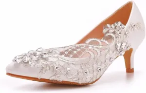 Women's High Heel Pumps Closed Toe with Floral Lace Rhinestones Strap Stiletto Bridal Wedding Party Shoes 5Cm Women Comfortable Low Heel