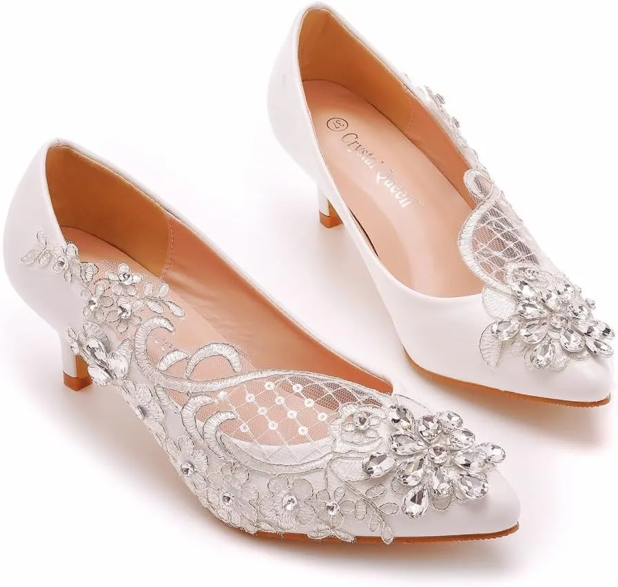 Women's High Heel Pumps Closed Toe with Floral Lace Rhinestones Strap Stiletto Bridal Wedding Party Shoes 5Cm Women Comfortable Low Heel