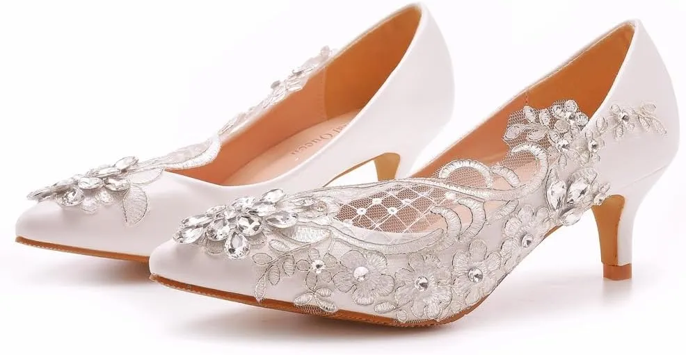 Women's High Heel Pumps Closed Toe with Floral Lace Rhinestones Strap Stiletto Bridal Wedding Party Shoes 5Cm Women Comfortable Low Heel
