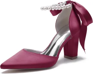 Womens High Heels Pointed Toe Court Shoes Office Formal Work Pumps 3.35 in Block Heel Ankle Strap Sandals Wedding Bridal Shoes