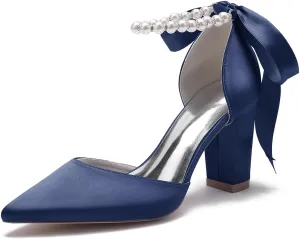 Womens High Heels Pointed Toe Court Shoes Office Formal Work Pumps 3.35 in Block Heel Ankle Strap Sandals Wedding Bridal Shoes