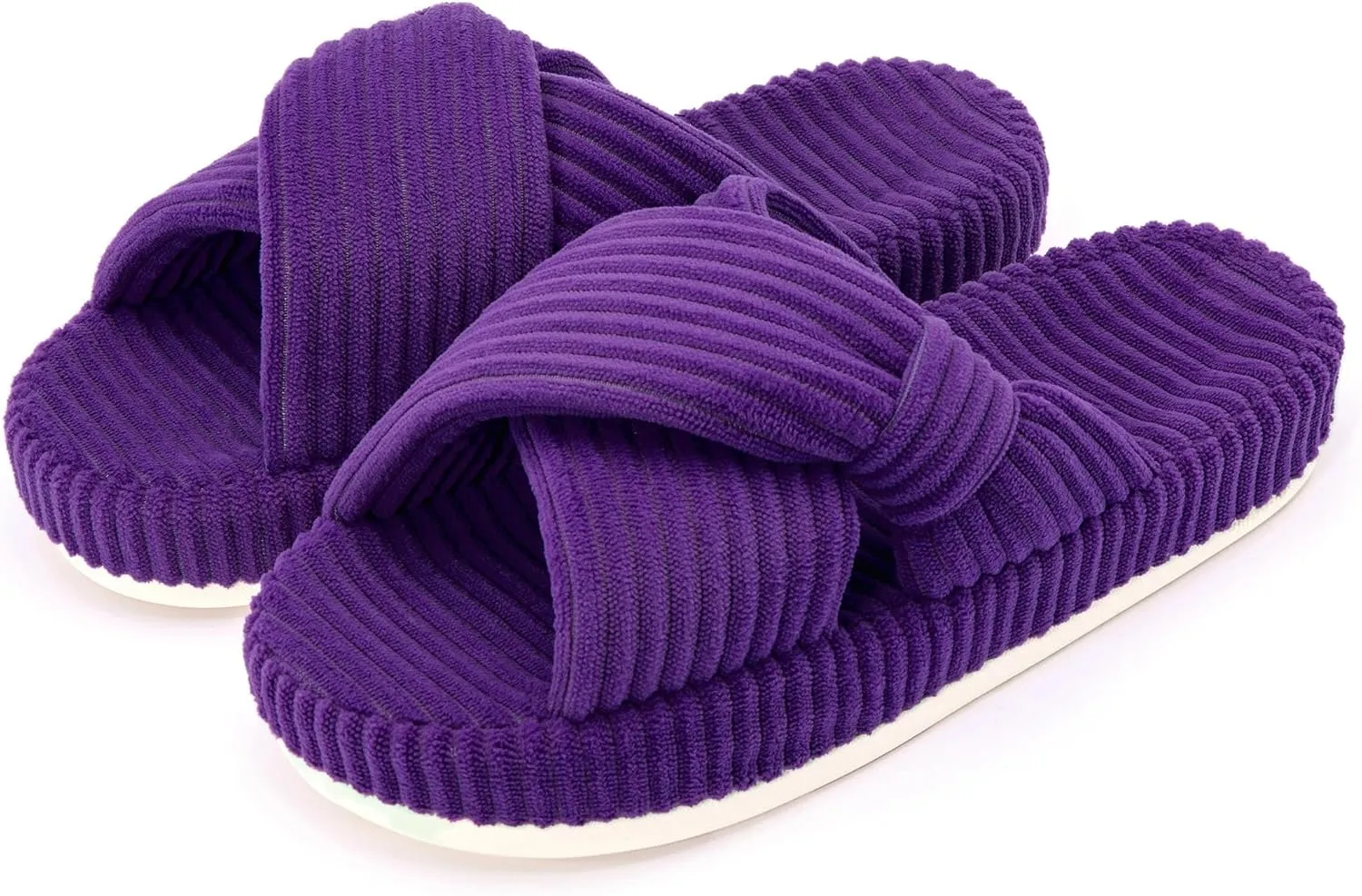 Women's House Slippers Corduroy Indoor Slippers Memory Foam Bedroom Open Toe Slippers Cross Band House Shoes