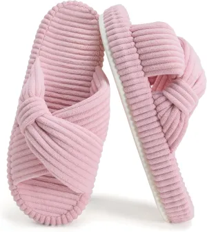 Women's House Slippers Corduroy Indoor Slippers Memory Foam Bedroom Open Toe Slippers Cross Band House Shoes