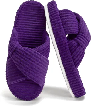 Women's House Slippers Corduroy Indoor Slippers Memory Foam Bedroom Open Toe Slippers Cross Band House Shoes